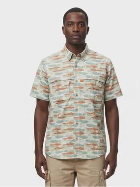 L.L. Bean Short-Sleeve Button-Down Shirt in Light Green, Rust & Blue